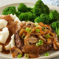 Mushroom & Onion Chopped Steak · Served with mashed potatoes, gravy and broccoli.