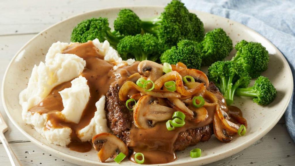 Mushroom And Onion Chopped Steak · Served with mashed potatoes, gravy and broccoli.