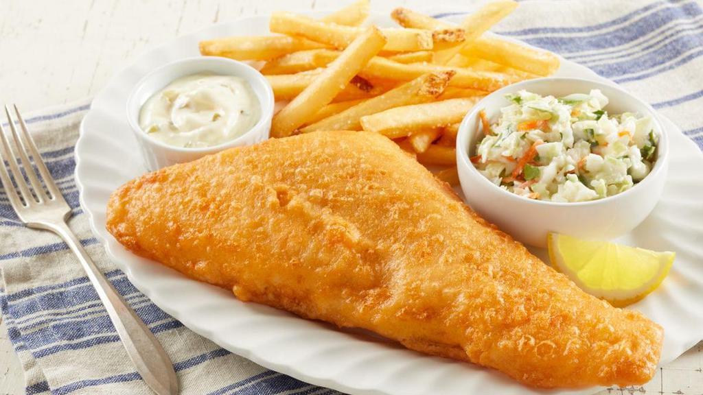 Great Alaskan Cod · Colossal hand-cut Alaskan cod fillet with a light, flaky, pub-style batter served with a side of tartar sauce, choice of two sides and dinner rolls