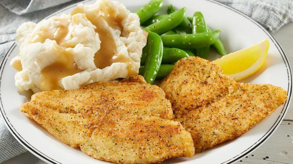 Lemon Pepper Sole Fillets · Two wild-caught, mild white fish fillets seasoned with a blend of lemon and pepper then perfectly seared. Served with choice of two farmhouse sides and dinner rolls