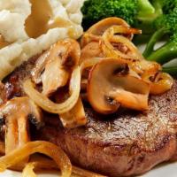 Usda Choice Sirloin · Marinated 6 oz. USDA Choice sirloin* cooked to order and topped with grilled mushrooms and o...