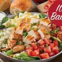 Grilled Chicken Cobb Salad · Grilled chicken, crispy bacon, hard boiled eggs, fresh-diced tomatoes and green onions on a ...