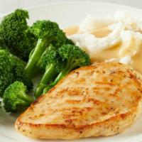 Grilled Chicken Breast · Served with mashed potatoes, gravy and broccoli