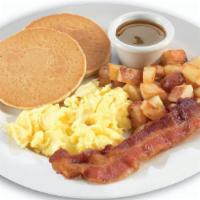 Lil' Farmer Breakfast · One egg* cooked-to-order, two mini hotcakes, home fries and and one sausage link or bacon st...