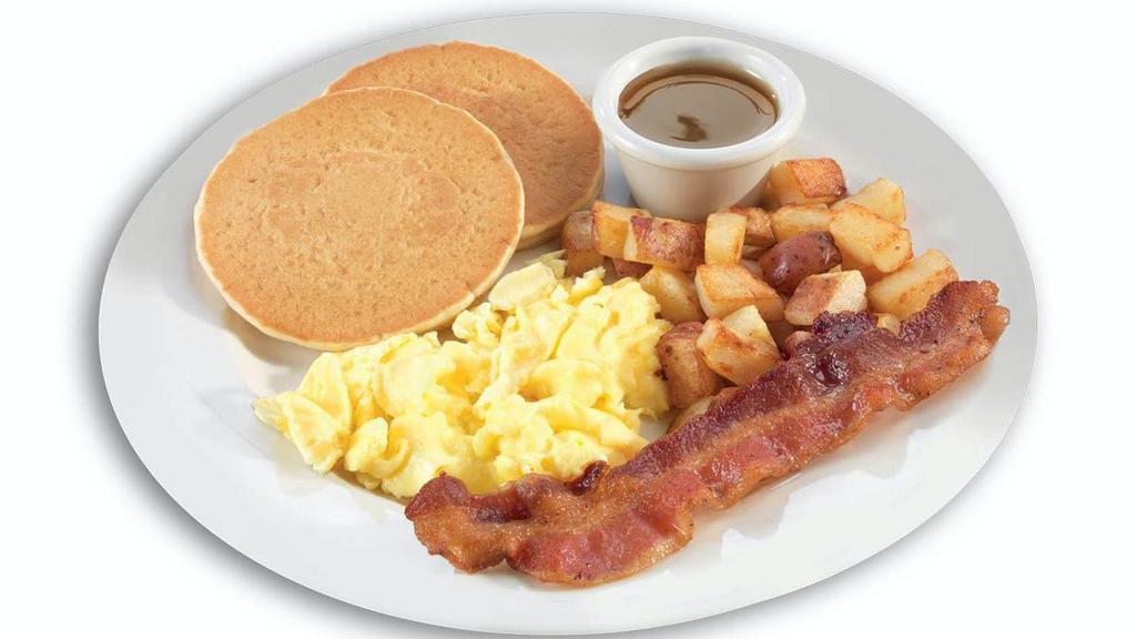 Lil' Farmer Breakfast · One egg* cooked-to-order, two mini hotcakes, home fries and and one sausage link or bacon strip