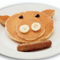 Little Piggy Hotcakes · Hotcakes with chocolate sauce, banana slices and and one sausage link or bacon strip