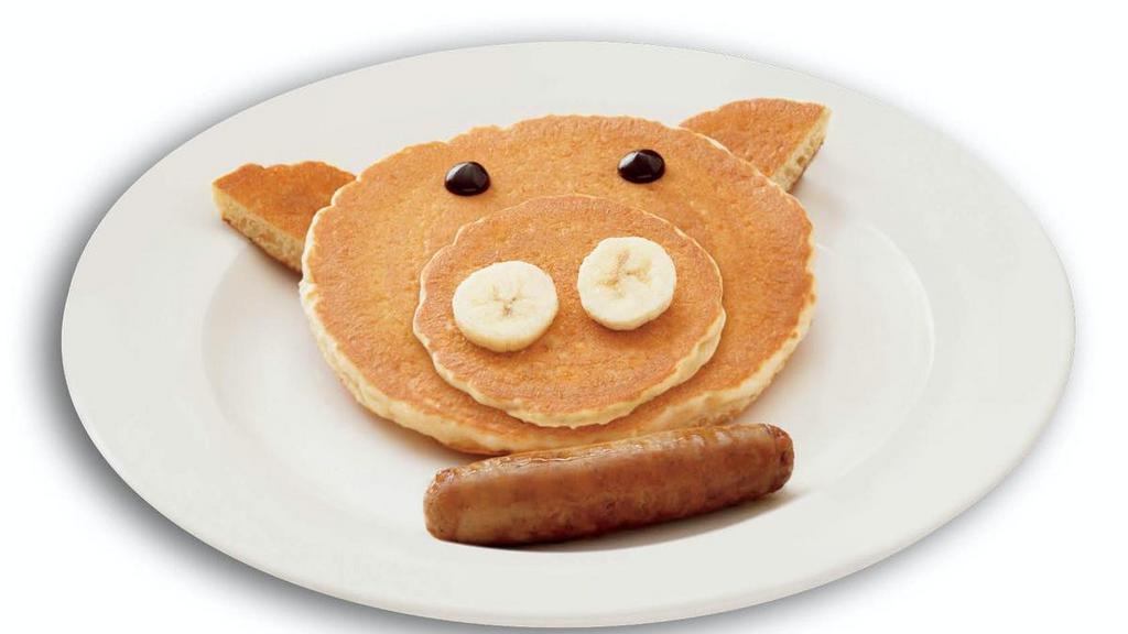 Little Piggy Hotcakes · Hotcakes with chocolate sauce, banana slices and and one sausage link or bacon strip