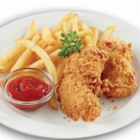 Homestyle Fried Chicken Tenders · Two fried chicken tenders and dipping sauce served with choice of side