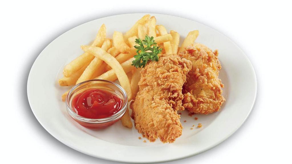 Homestyle Fried Chicken Tenders · Two fried chicken tenders and dipping sauce served with choice of side