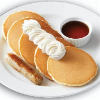 Plenty-O-Pancakes · Five mini hotcakes with whipped topping served with one sausage link or bacon strip