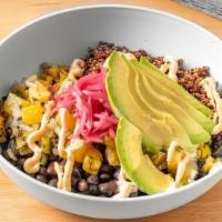 Piña Bowl · Pina Bowl// quinoa, pickled red onion, grilled corn, black beans, avocado crema, pineapple r...