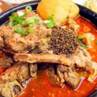 Gam Ja Tang (S) /  감자탕 · Potato  & Pork's Backbone w/ Assorted Vegetable in Spicy Broth