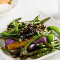 Veggie Trio With Spicy Garlic Sauce · String beans, snowpeas and eggplant. Hot and spicy.
