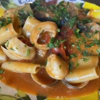 Paccheri Sorrento · Fresh paccheri pasta, tomato sauce, octopus, shrimp and calamari.
