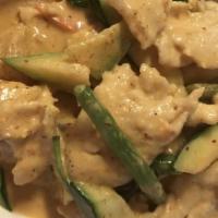 Thai Yellow Curry · Hot and spicy. Coconut milk, eggplant, mushroom, zucchini, carrot, green bean and potato.