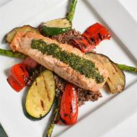 Oven Baked Salmon · Basil pesto crust, grilled vegetables and quinoa.