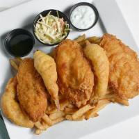 Beer Battered Fish & Chips · 3 jumbo Cod and 3 jumbo shrimp deep fried. Comes with  fries, coleslaw and malt vinegar.