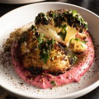 Kruvit · Wood Oven Roasted Cauliflower, Pink Beet Tahini, Arabic Salsa, Za’atar, Sumac