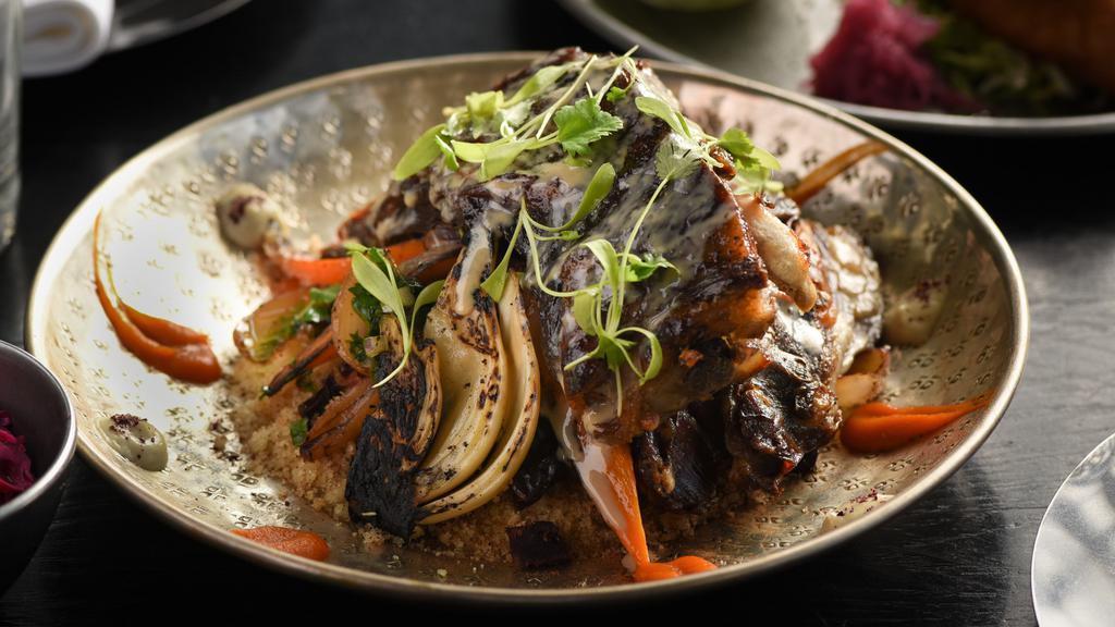 Tal'Eh · Wood Oven Slow Cooked Lamb Ribs with a Smokey Glaze, Handmade Couscous, Carrot Tabasco Cream, Pickled Shallot, Tahini, Dry Prune, Cashew Yogurt, Silan Infused Root Vegetables
