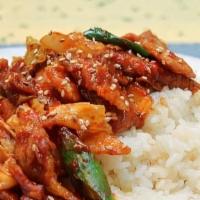 Jeyug Deopbap · Spicy. Spicy stir-fried pork and rice platter.