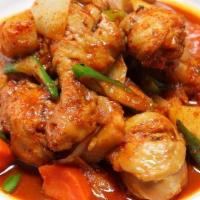 Dak Bokkeum Tang · Spicy. Spicy chicken stew with potato, onion and carrot following rice bowl.