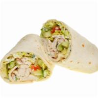 Chicken Caesar Wrap · Fresh wrap made with Grilled chicken, lettuce, tomato, onions, shaved Parmesan cheese and Ca...