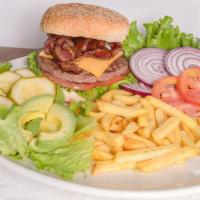 Bacon Cheese Burger · Green leaf lettuce, tomato, bacon with your choice of cheese.