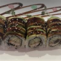 Green Dragon Roll · Eel, cucumber, top sliced avocado with eel sauce and caviar.