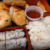 Dinner Shrimp Tempura Bento Box · 4 pieces jumbo shrimp tempura, 4 pieces veg tempura and California roll. Served with choice ...