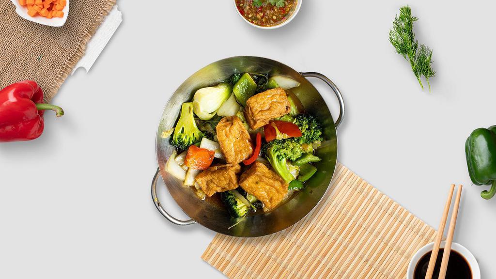 Sauteed Tofu Vegetables · Tofu, broccoli carrots, zucchini, lotus, asparagus, sugar-snap peas and cauliflower, sauteed in a rich brown kung-po sauce and baby corn.