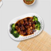 General T Soy Platter · Breaded medallions of sauteed soy protein with steamed broccoli in a spicy brown sauce.