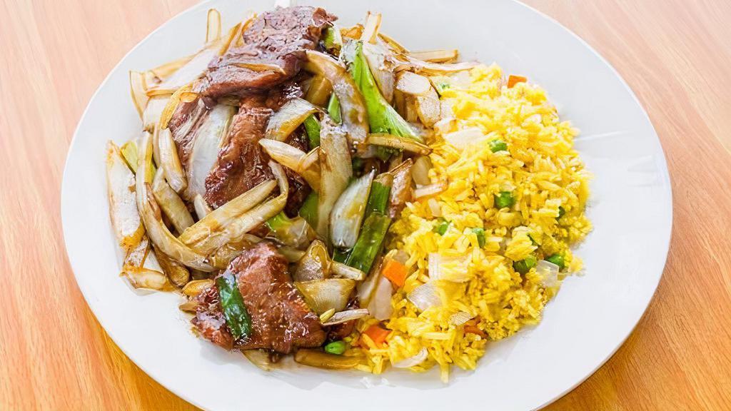 Mongolian Beef · With brown sauce and vegetables.