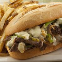 Philly Cheese Steak With Bacon · Juicy thinly sliced beef steak and crispy bacon smothered in a creamy cheese and served betw...