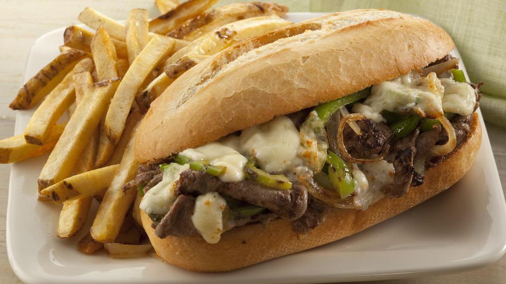 Philly Cheese Steak With Bacon · Juicy thinly sliced beef steak and crispy bacon smothered in a creamy cheese and served between a buttery toasted hero.