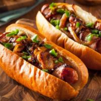 All Beef Hot Dog With Bacon · Juicy hot dog and crispy bacon served in toasted buns.
