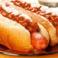 Bacon Chili Dog · Juicy hot dog and crispy bacon topped with hearty chili served in toasted buns.