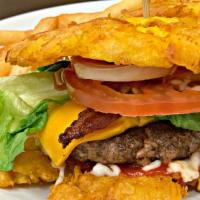 Patacon Burger · with French fries. Extra Cheese, Sweet Plantain, Chicken instead of Meat for additional char...