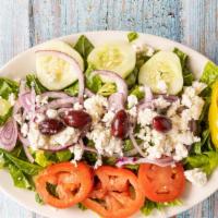 Greek Salad (Small) · Romaine lettuce, tomatoes, cucumbers, red onion, feta cheese calamatta olives, and pepperonc...
