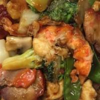 Happy Family · With white rice. Jumbo shrimp, chicken, beef, scallions, crab meat, and mixed vegetables, wi...