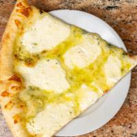 White Pizza Slice · A sauce less pie topped with ricotta, mozzarella, and parmesan cheese.