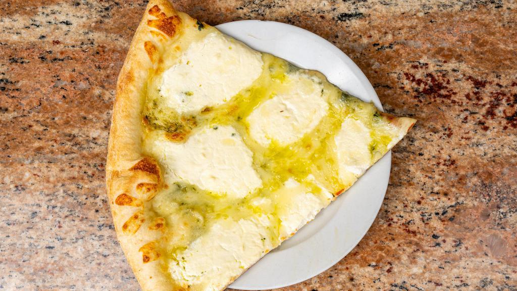 White Pizza Slice · A sauce less pie topped with ricotta, mozzarella, and parmesan cheese.