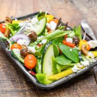 Greek Salad · Romaine lettuce, cucumber, tomato, olive and feta cheese.