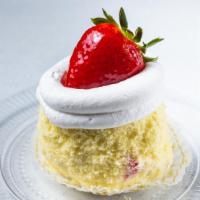 Strawberry Shortcake Slice · Golden sponge cake filled with fresh strawberries and fresh whipped cream.