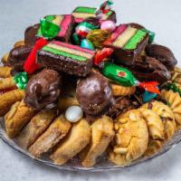 2 Lb Cookie Tray · Contains pignoli, jelly-filled butter cookies, rainbow cookies, chocolate dipped finger cook...