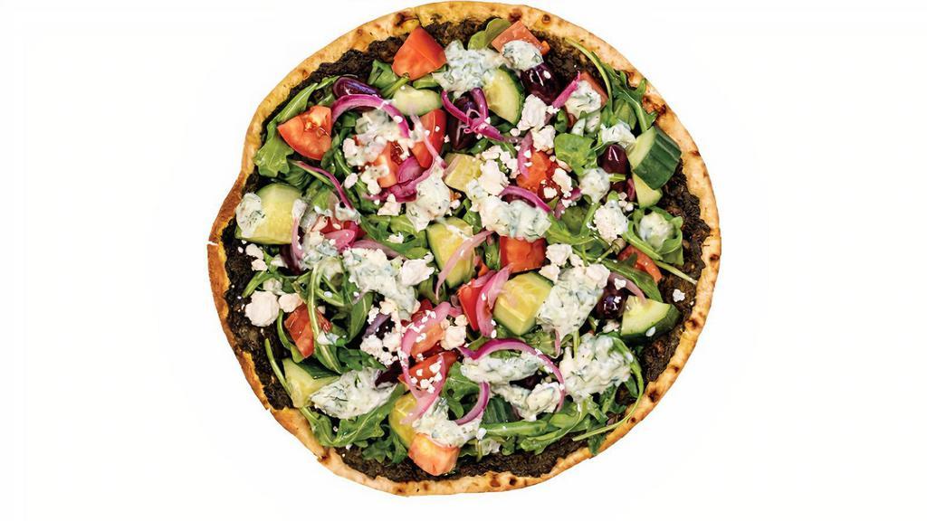 Athena · spinach and herb blend, spread on thin lavash bread topped with arugula, tomatoes, cucumbers, kalamata olives, pickled red onion, feta cheese and tzatziki sauce