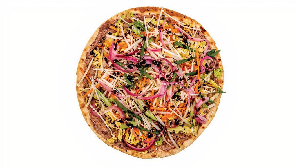 Mandarin · red bean & veggie blend, spread on thin lavash bread topped with napa cabbage, carrots, shiitake mushrooms, pickled red onion, scallions and sesame seeds, mandarin oranges with hoisin-vinaigrette dressing