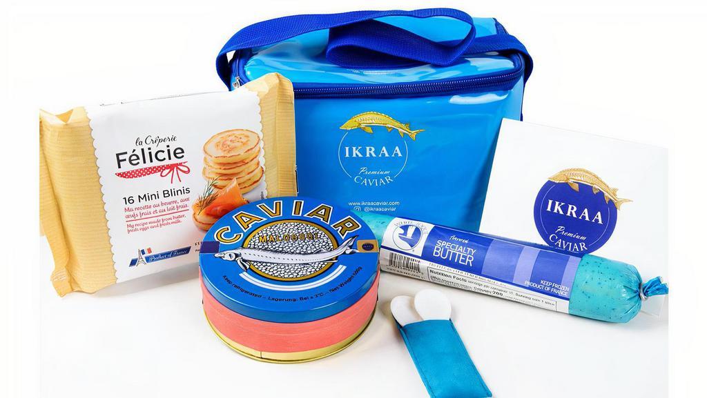 Picnic Pack (16 Oz. (1 Lbs) · This picnic pack makes perfect travel set or gift set, includes minimum 4 oz. of Imperial Osetra caviar, French mini blinis, Truffle butter, 2 pearl spoons.
