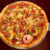 The Works · Pepperoni, mushrooms, sausage, peppers, and onions.