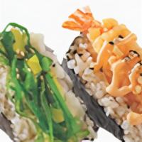 Jumbo Riceball · Served with Shrimp tempura, and Seaweed. Contains sesame seeds. (Sauce on the side)