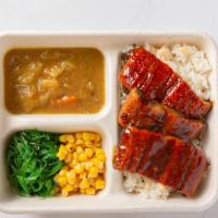 Eel Bento Box · Comes with Japanese Curry, Seaweed salad, corn, rice. Contains sesame seeds.